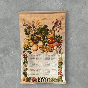 Vintage tea towel cloth 1979 calendar vibrant floral and vegetable wall hanging